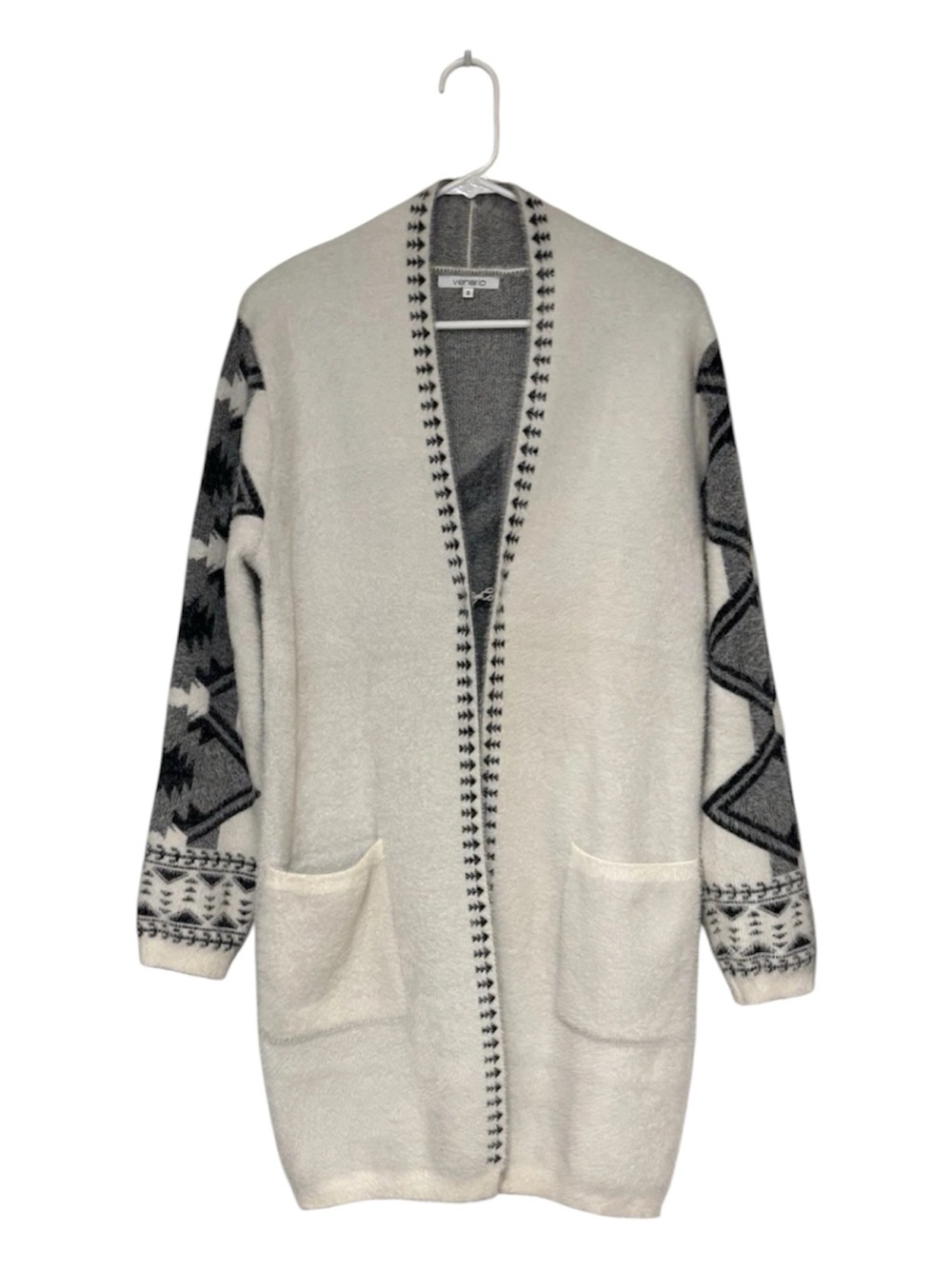 Open-Front Cream Cardigan with Gray Patterned Sleeves